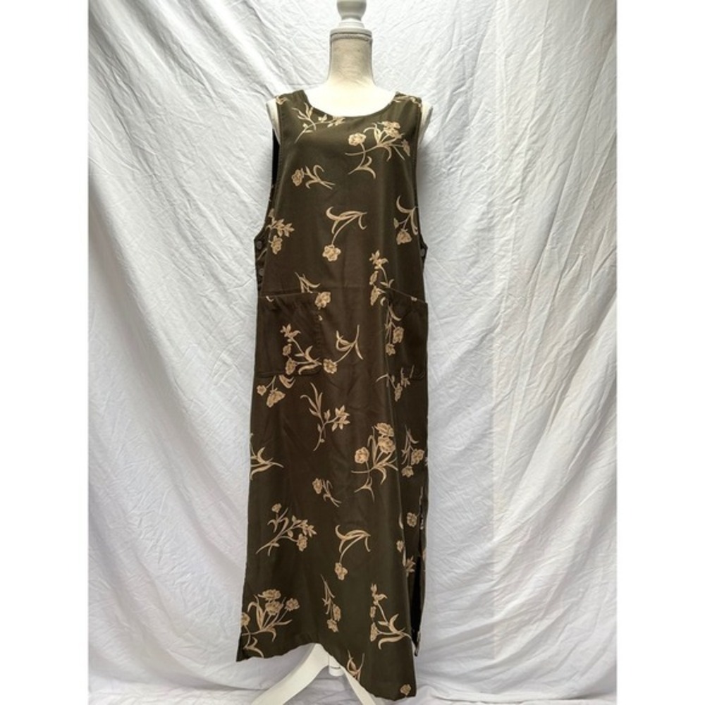 Erika Studio Olive Green Brown Floral Midi Dress Pinafore Pockets Large